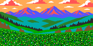 A wildflower meadow below an alpine range at sunset, drawn in the sixteen EGA colours